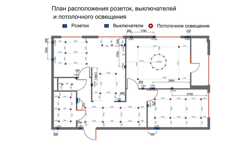 Расположение розеток и потолочного освещ