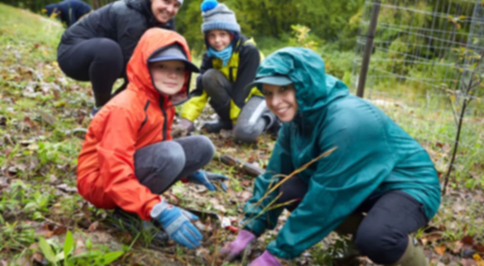 two adults and two children planting plants