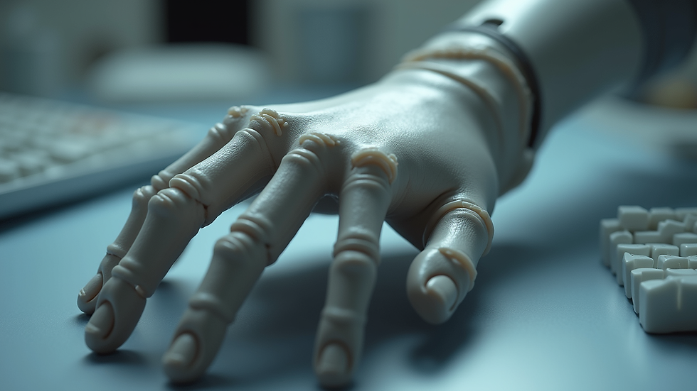 Eye-level view of a 3D printed prosthetic hand with customizable design