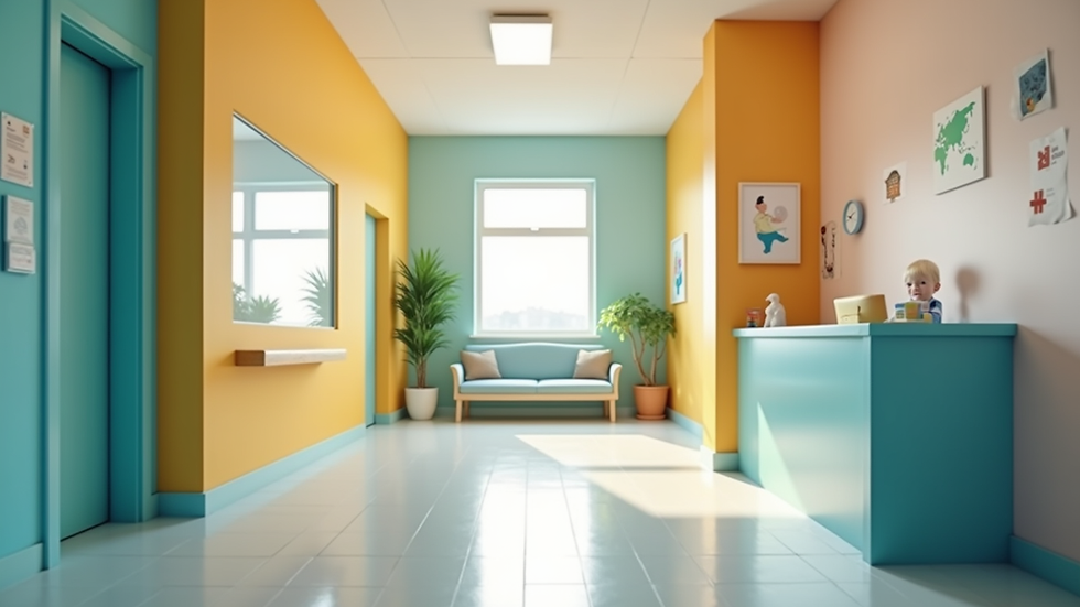 Eye-level view of a pediatric clinic reception area with colorful walls