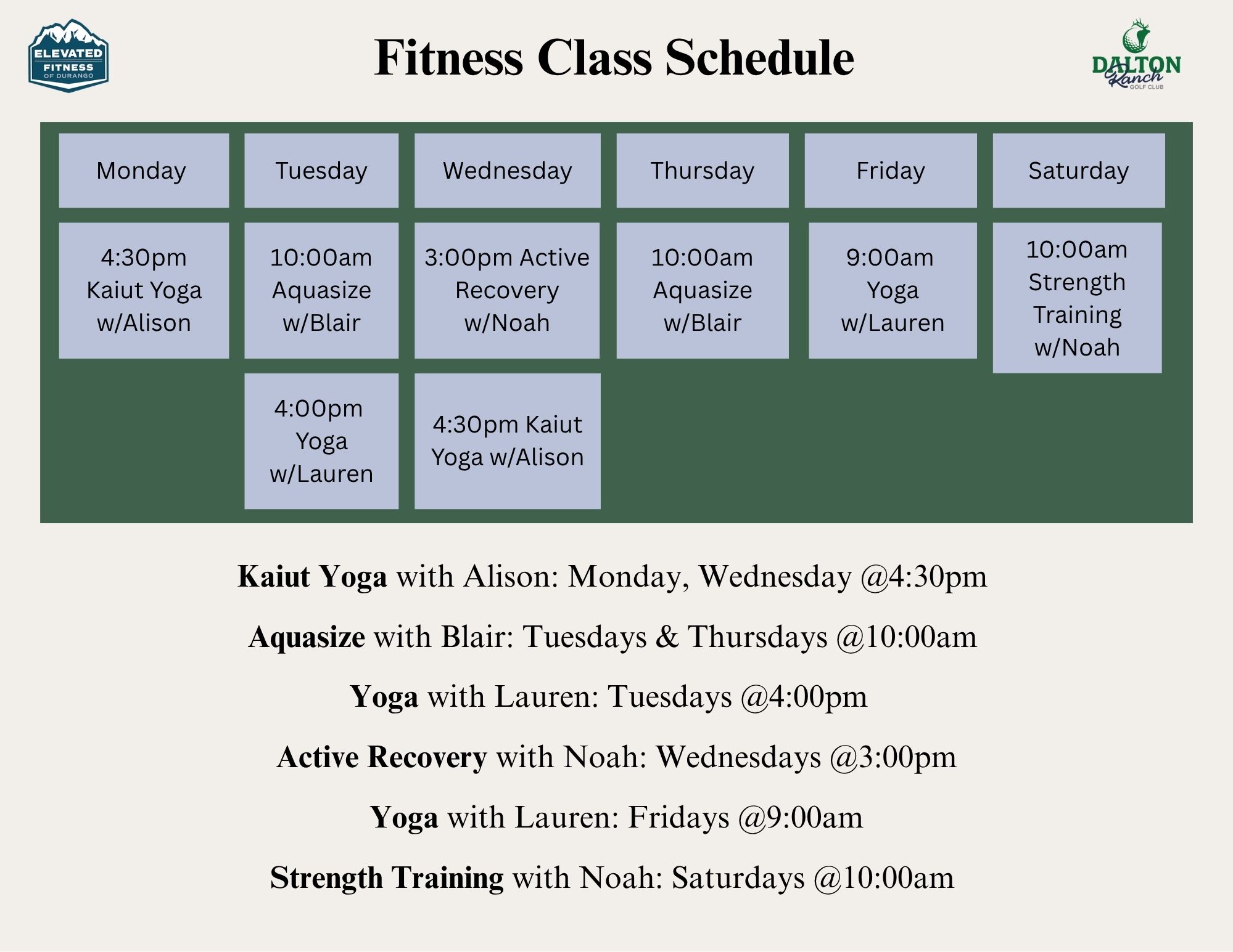 Current class schedule