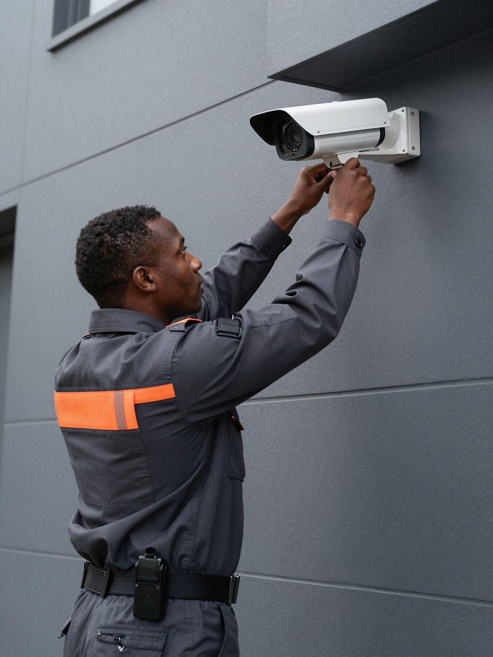 Technician Giovanni installing a security camera on a building exterior