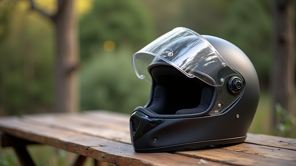 Close-up view of motorcycle helmet resting on a rustic wooden table