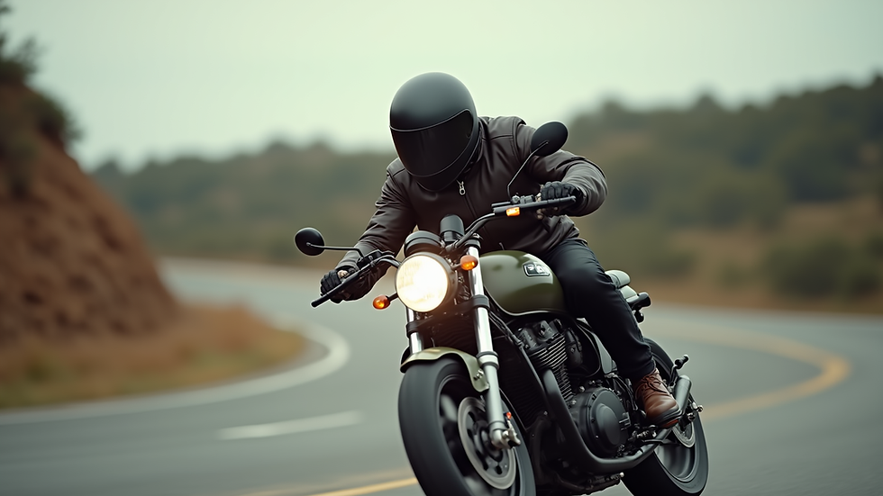 Close-up view of a motorcycle rider looking ahead while leaning into a curve