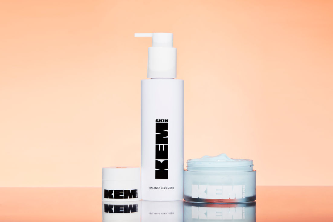 Bold typographic packaging design for the Kem Skin product range, showcasing minimalist industrial design and premium shelf presence by Atin.