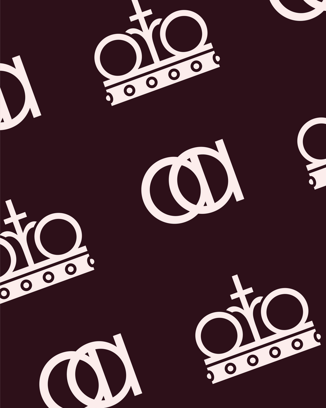 Luxury brand pattern for Atra by Atin, featuring repeating crown emblems and 'aa' monograms in a rich burgundy and pink off-white palette.
