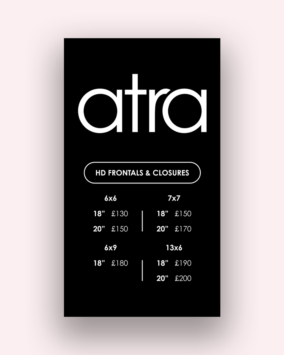 Minimalist price list design for Atra raw hair bundles by Atin, featuring a premium black and white aesthetic for a luxury beauty brand.