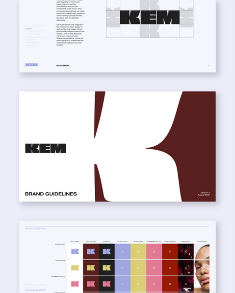 Comprehensive brand guidelines for Kem by Atin, featuring wordmark clear space and typographic structural rules for a modern beauty brand.