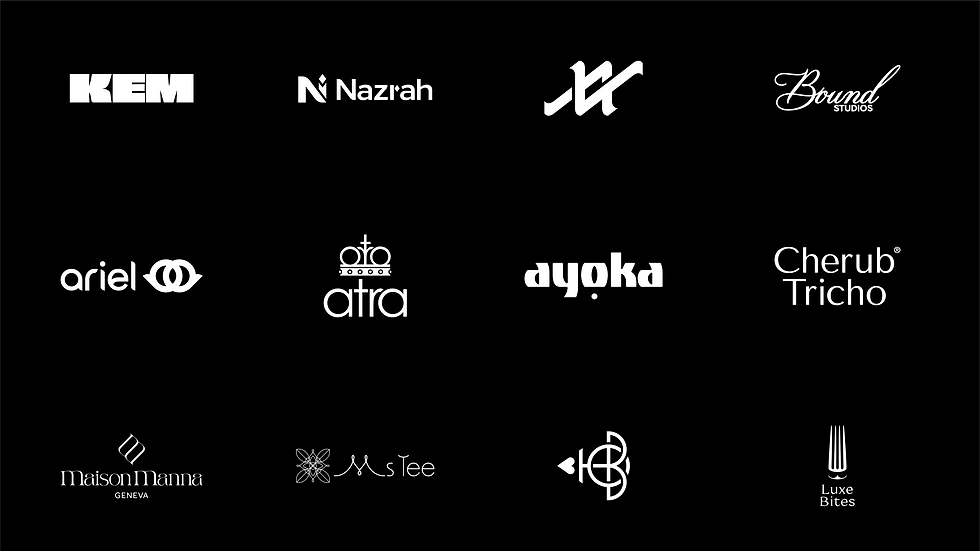 Portfolio of custom brand identity and logo designs by Atin Studio for global clients including Maison Manna Geneva, Bound Studios, Cherub Tricho and Nazrah, showcasing minimalist and luxury graphic design styles.