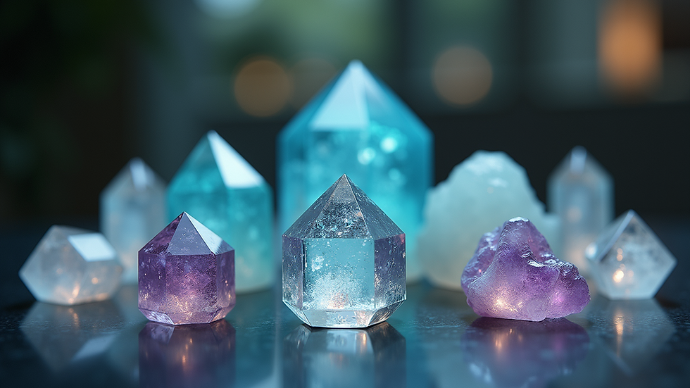 Eye-level view of a crystal display showcasing various power stones