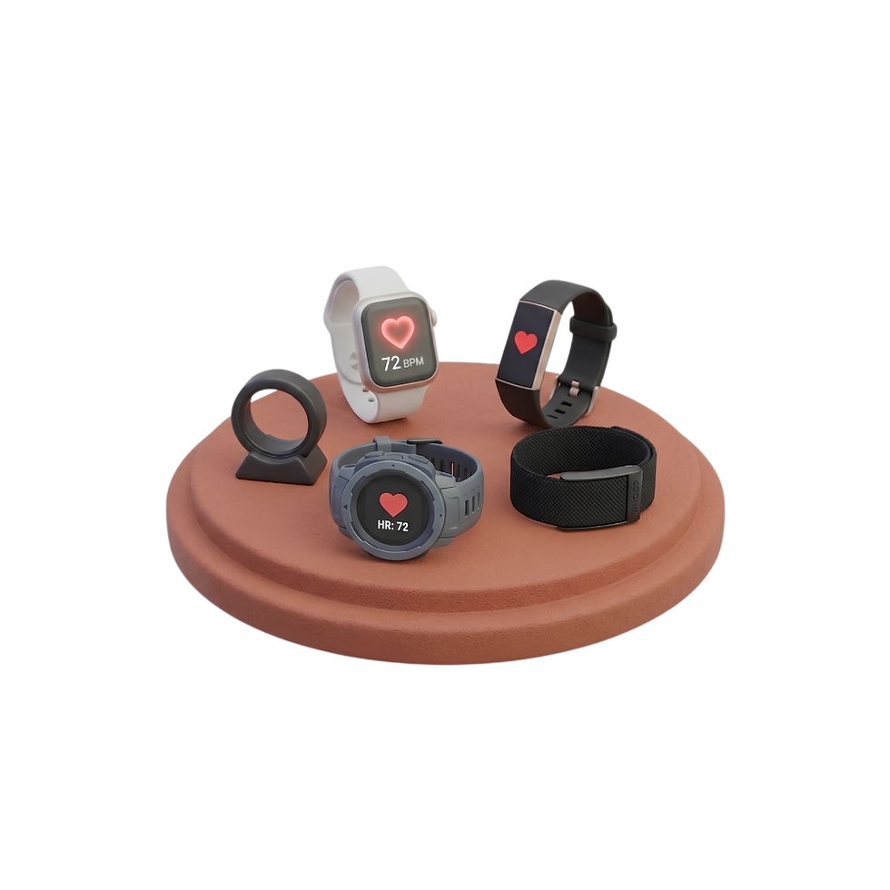 Five fitness trackers on a terracotta pedestal against a black background, showing heart icons and 72 BPM on two screens. Representing Kygo Health's breakdown of most accurate wearable for heart rate.