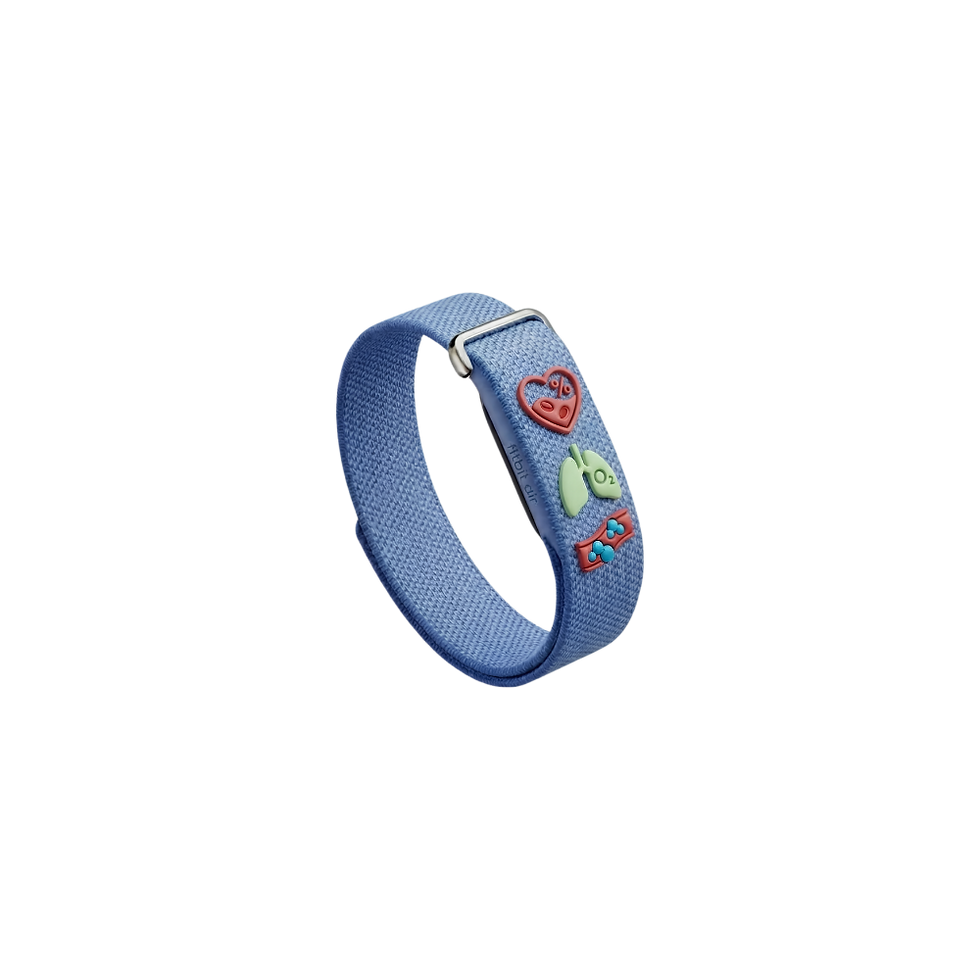 Blue fitness Fitbit Air with heart, lungs and blood icons on a black background. Representing Kygo Health's post on Fitbit Air SpO2 Not Tracked.