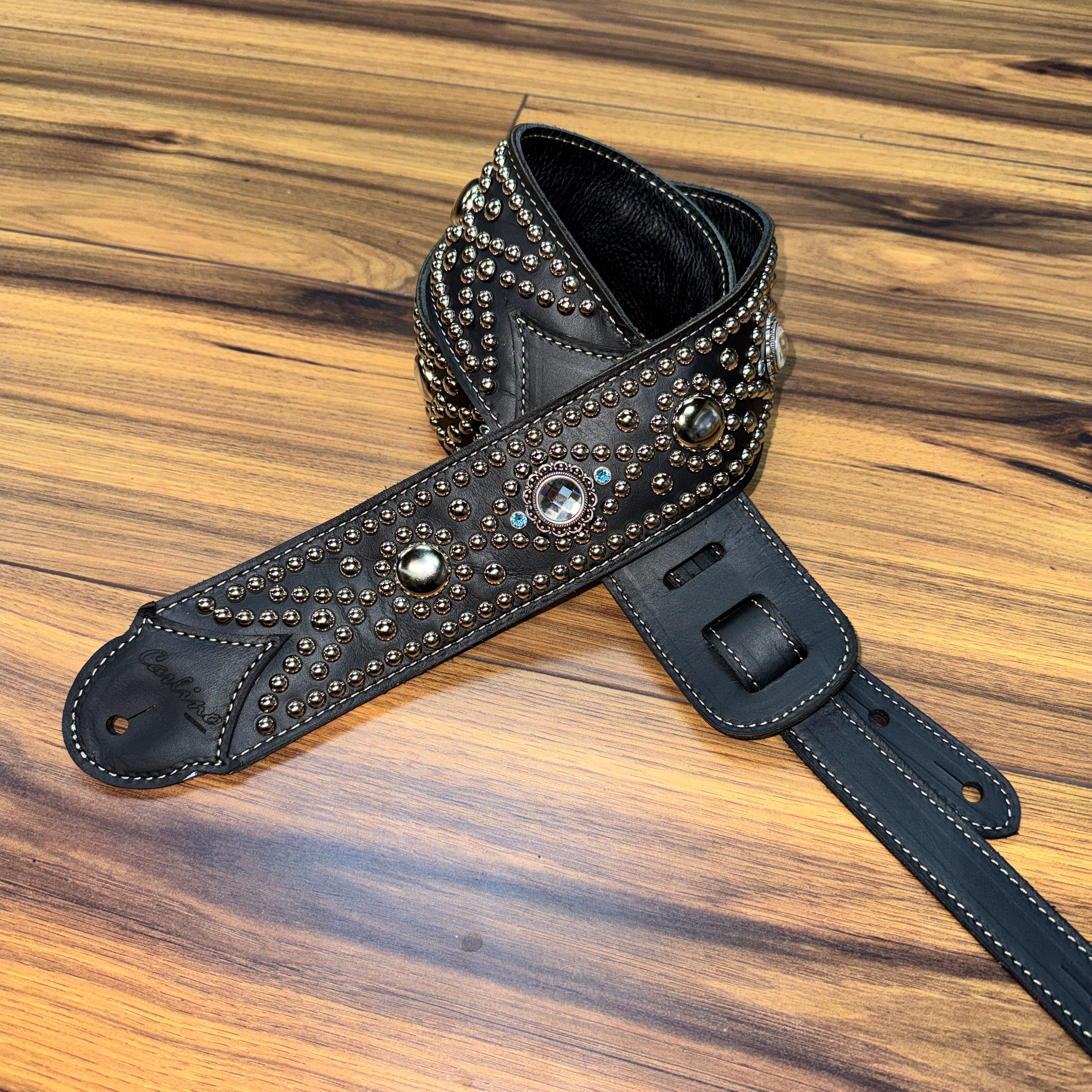 Carlino Combo Swirl Black leather strap w/ Swarovski Aquamarine crystals