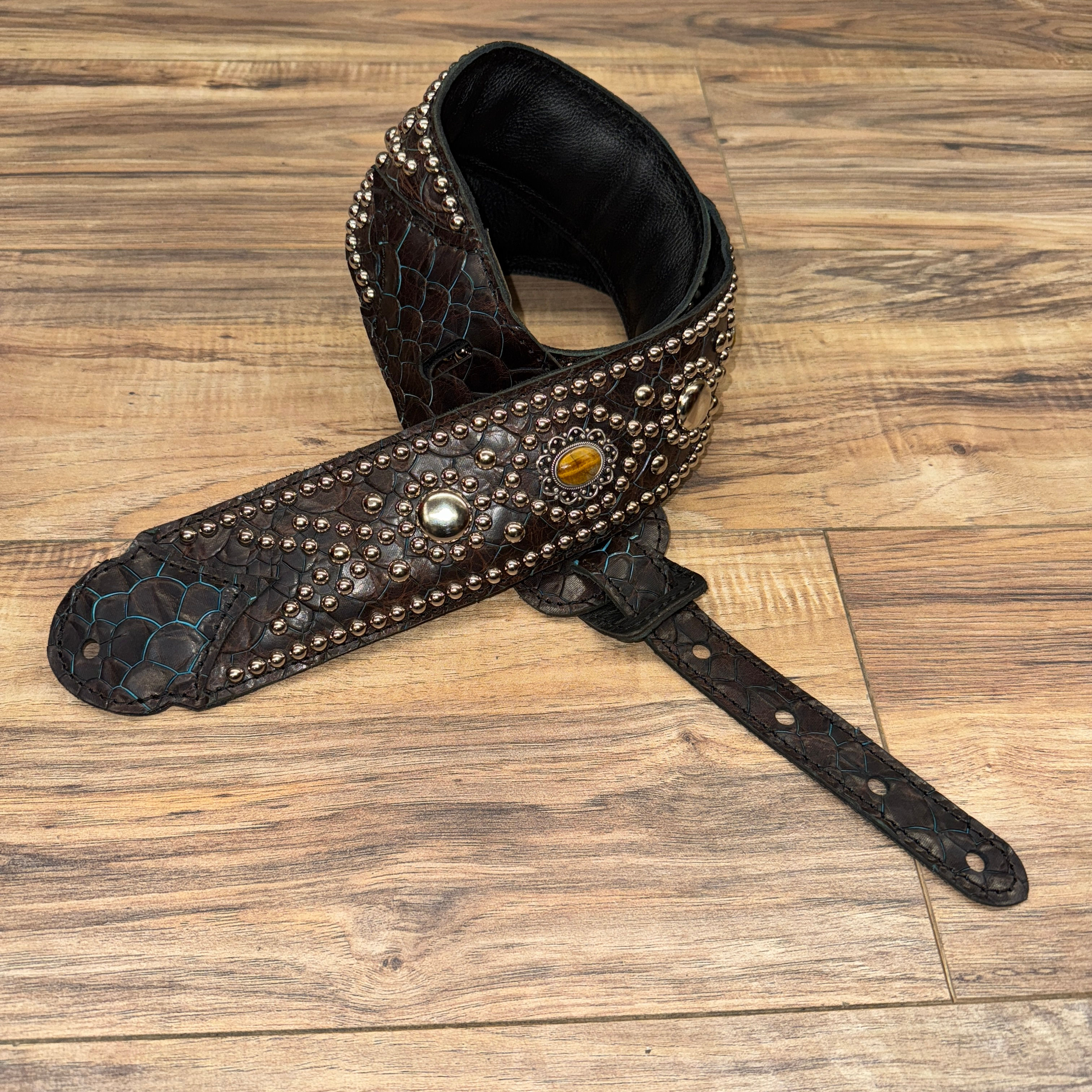 Carlino Fish Scale Leather strap with turquoise and Tiger eye