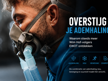 EWOT zuurstoftraining met masker tijdens beweging, met de tekst Overstijg je ademhaling voor Wim Hof-volgers, sporters en biohackers.