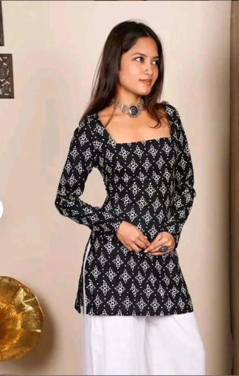 Black Printed Cotton Short Kurta Top for Women Front View