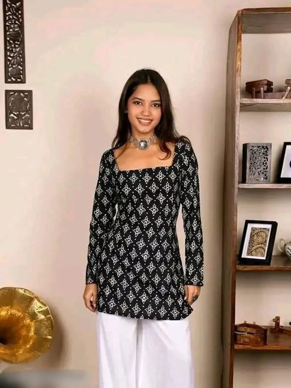 Thumbnail: Women Black Printed Cotton Short Kurta Top Full View