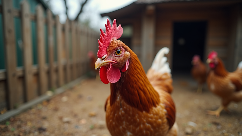 Eye-level view of a colorful chicken in a coop