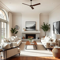 Keep with the light neutral aesthetic, large cozy living space, heavy on the rich aestheti