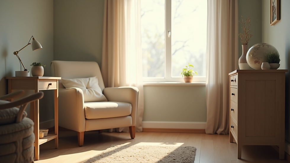 Eye-level view of a cozy home care environment with a comfortable chair and soft lighting