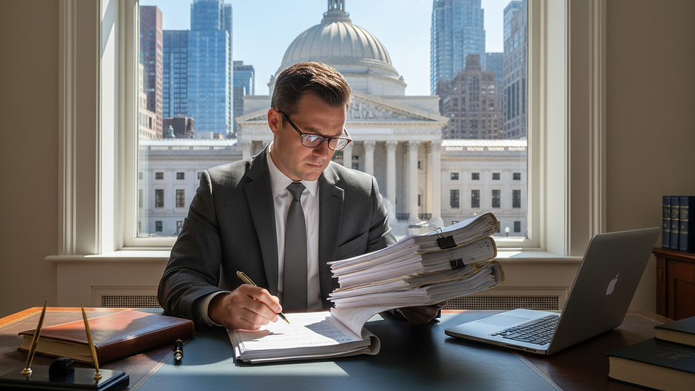 Eye-level view of a lawyer reviewing legal documents in an office