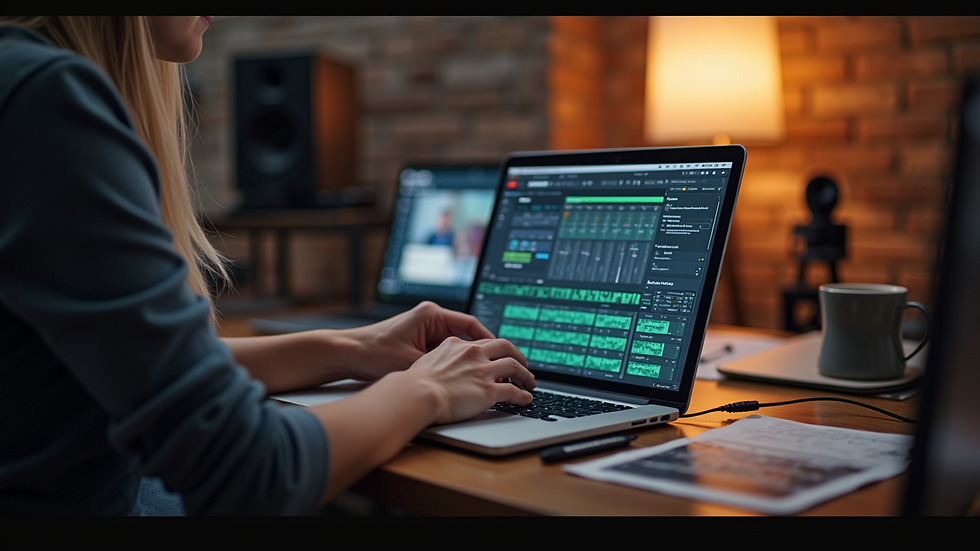 High angle view of a podcast host editing audio on a laptop