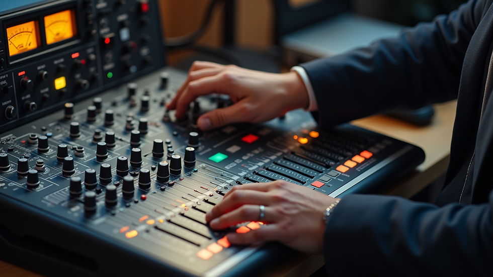 High angle view of a podcast host adjusting audio mixer controls