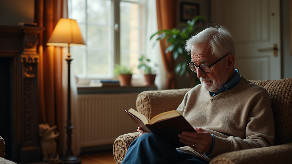 Eye-level view of a cozy living room with a senior reading a book
