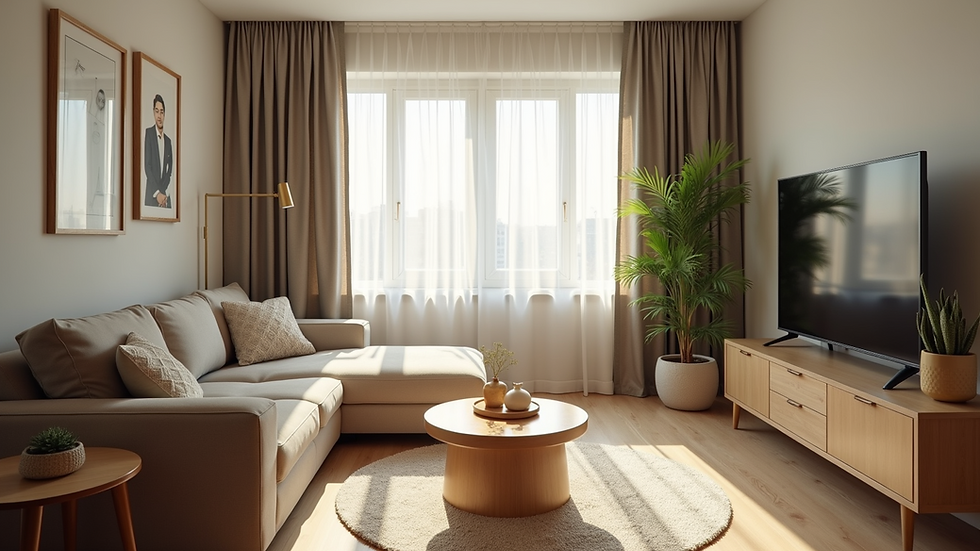 Eye-level view of a tidy living room with natural light