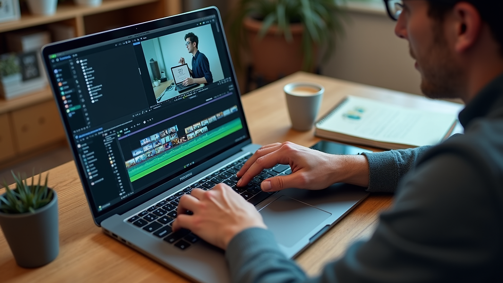High angle view of a person working on a laptop with video editing software open