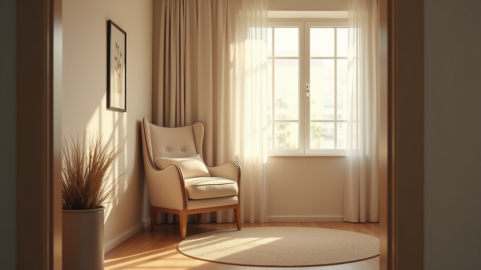 Eye-level view of a calm, cozy room with soft lighting and a comfortable chair