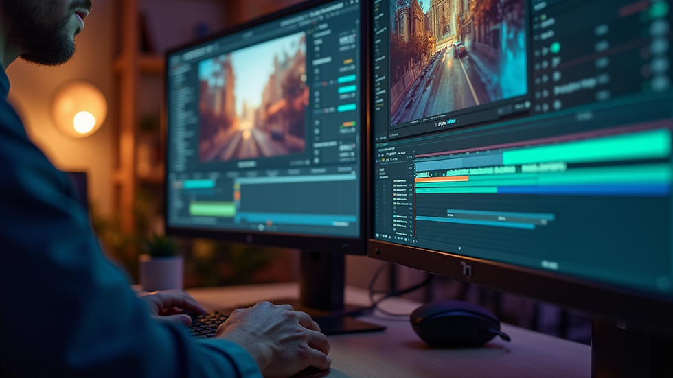 Close-up view of a video editor working on a computer screen