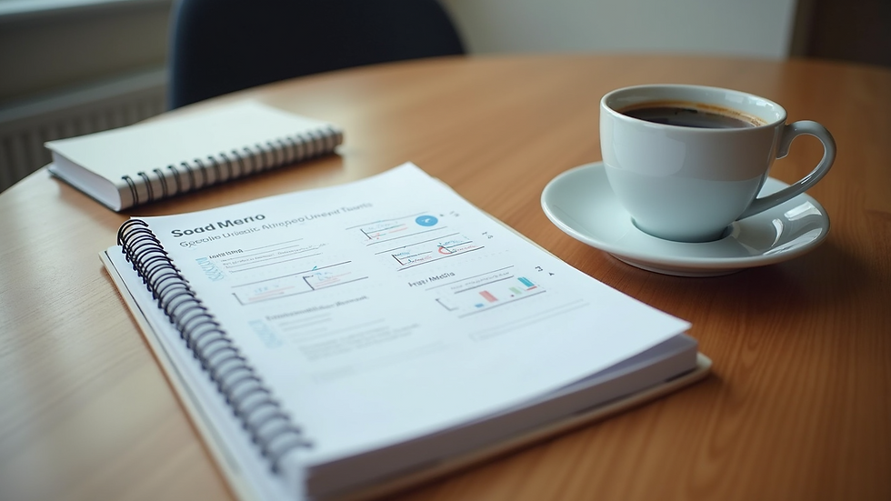 High angle view of a desk with a notebook, coffee cup, and social media strategy plan