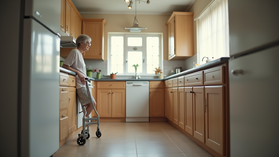 Eye-level view of a senior’s kitchen with assistive devices