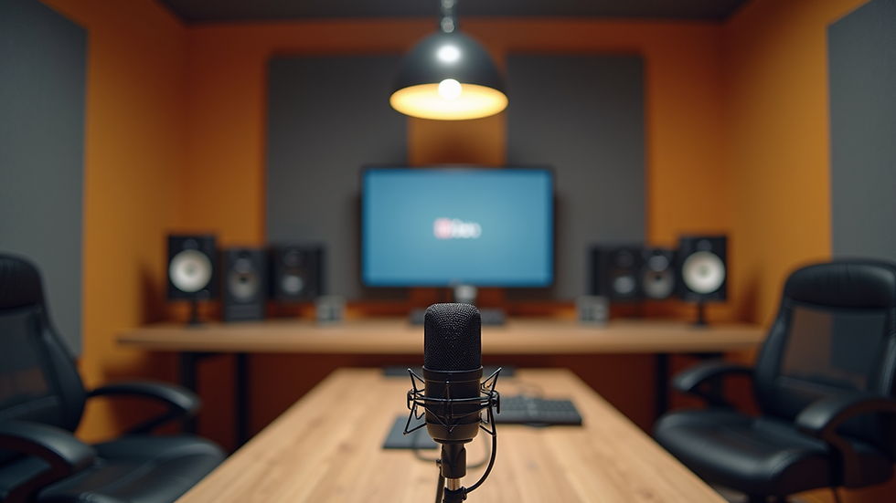 Eye-level view of a modern podcast studio with microphones and soundproof walls