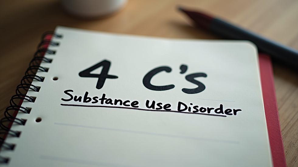 High angle view of a notebook with the 4 C's of substance use disorder written on it