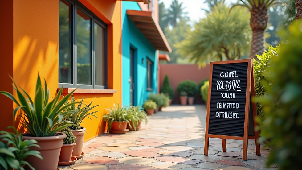High angle view of a vibrant outdoor space with a motivational quote board