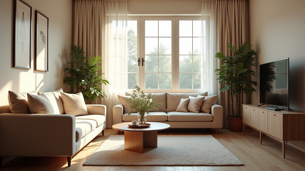 Eye-level view of a cozy living room with natural light and comfortable seating