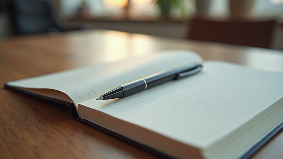 Close-up view of a journal and pen on a wooden table, symbolizing reflection and stress management