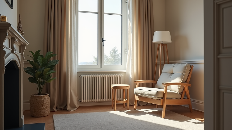 Eye-level view of a cozy living room with a comfortable armchair and a side table