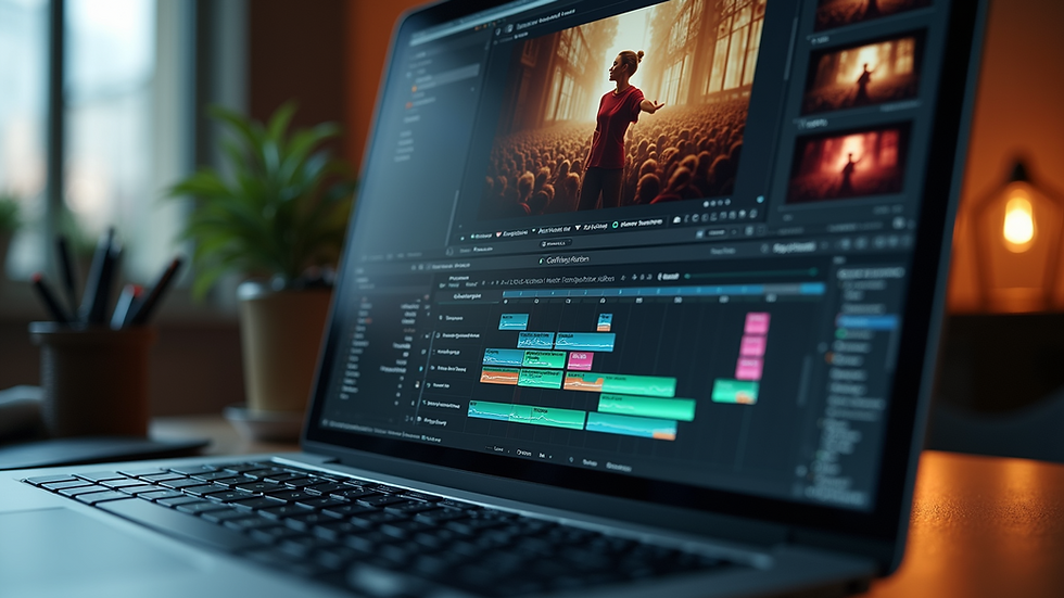 Eye-level view of a laptop displaying video editing software
