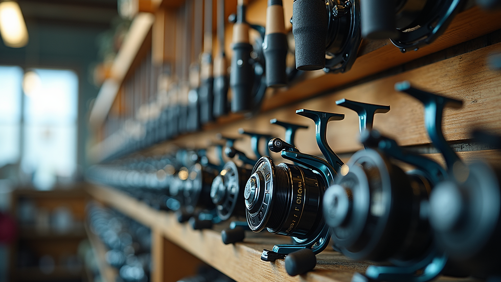 Eye-level view of fishing rods and reels displayed neatly in a Long Island fishing store