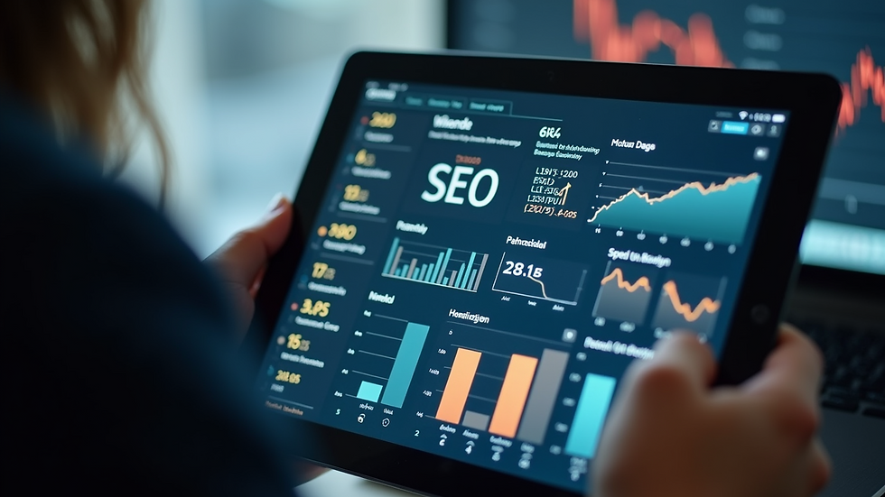 Close-up view of a person analyzing SEO data on a tablet