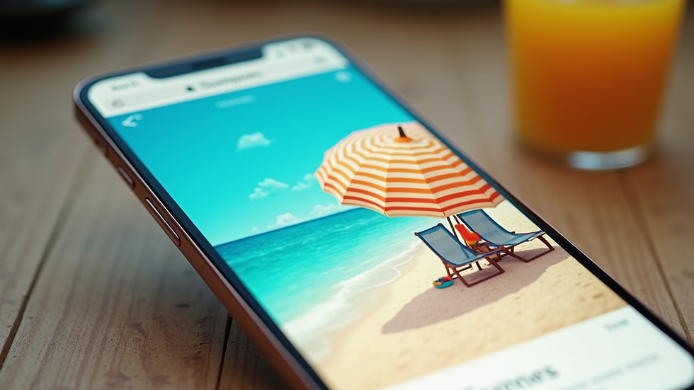 Close-up view of a smartphone displaying a summer-themed website with bright colors and clear navigation