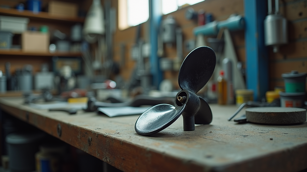 High angle view of a boat propeller on a workbench in a boating parts store