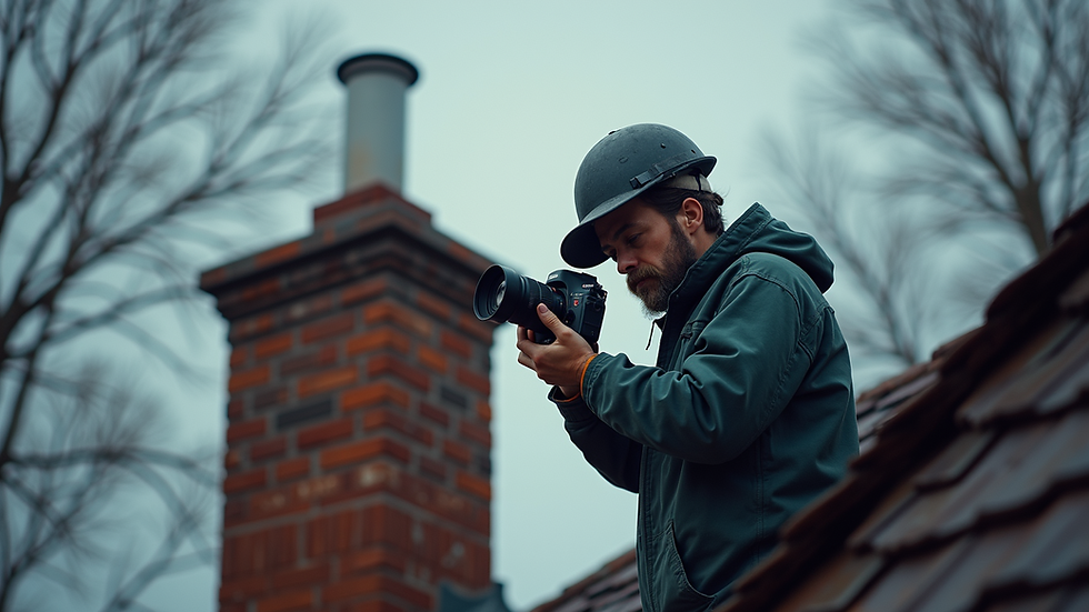 High angle view of chimney cleaning professional inspecting chimney with camera