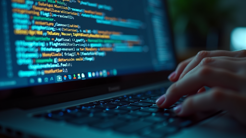 Close-up view of a person typing on a keyboard with SEO keywords on screen