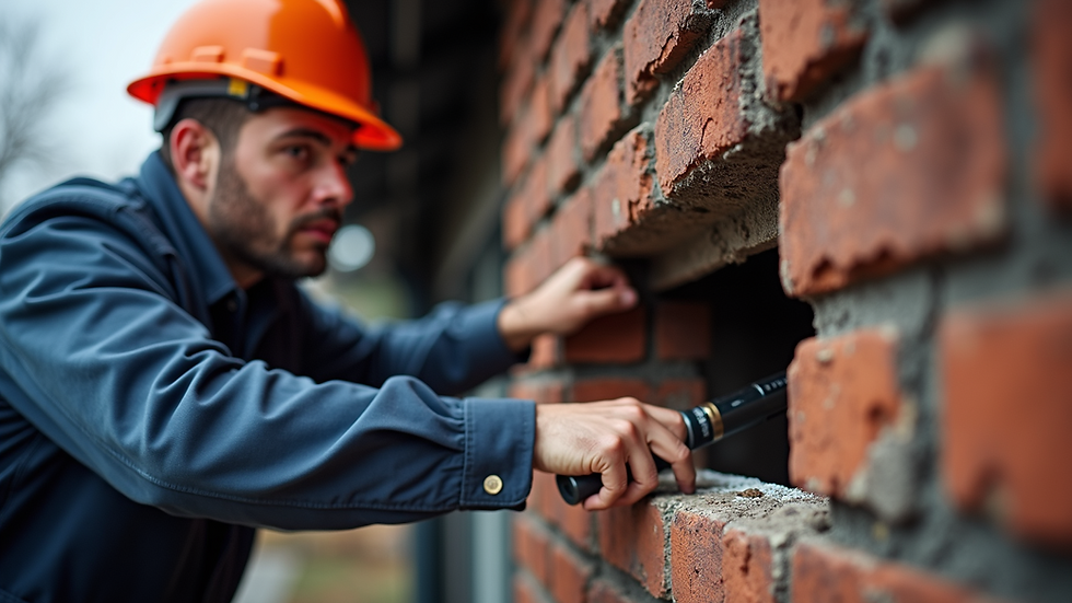Eye-level view of a chimney technician inspecting a brick chimney