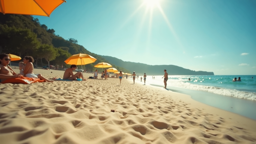 Eye-level view of a vibrant summer beach scene with people enjoying the sun