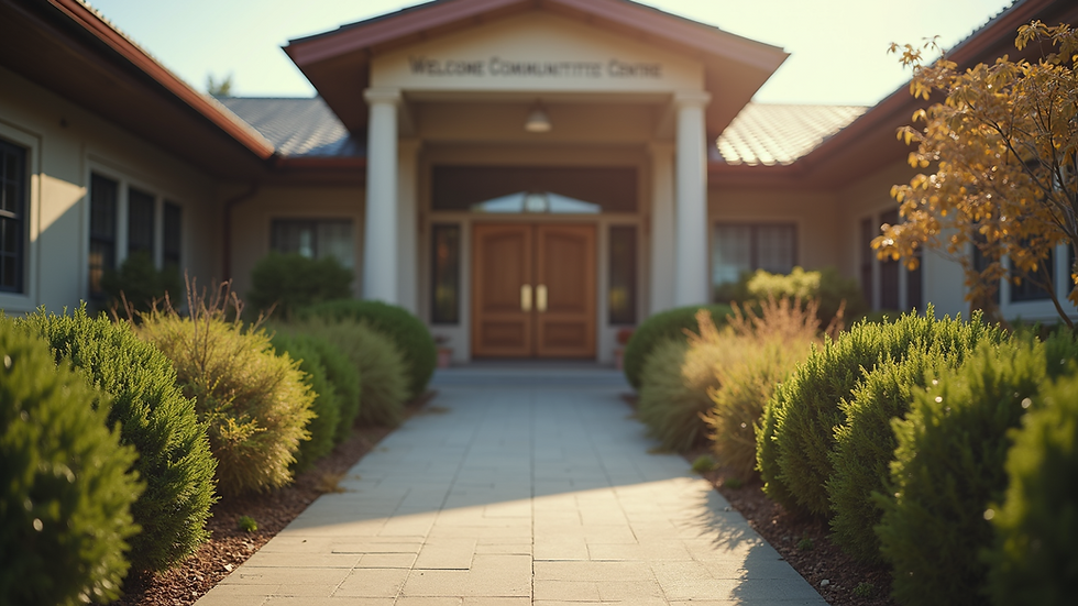 Eye-level view of a community center entrance with a welcoming sign